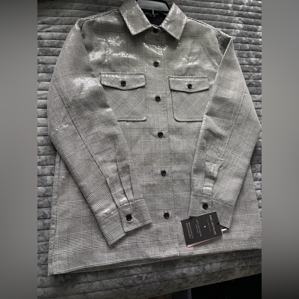 Avec Les Filles Sequin Plaid Shirt Jacket - Picture 9 of 12